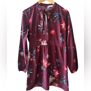 Abercrombie & Fitch Floral Mini Dress Womens Small Burgundy Long Sleeve Tie Neck